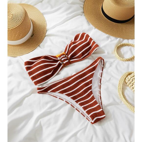 Size S Women's 2 Piece Strapless Swimsuit Striped Bandeau High Waisted Thong - Picture 1 of 9